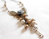 CLEARANCE OOAK Vintage Steampunk Inspired Butterfly Necklace - Key to my Dream Victorian Statement Jewelry - Rose Key Brass & Silver Pearls
