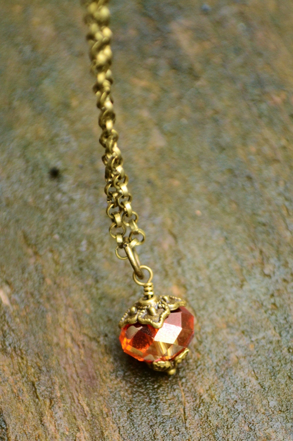 Firestone - Firepolished Copper Czech Crystal Pendant with Antique Bronze Chain