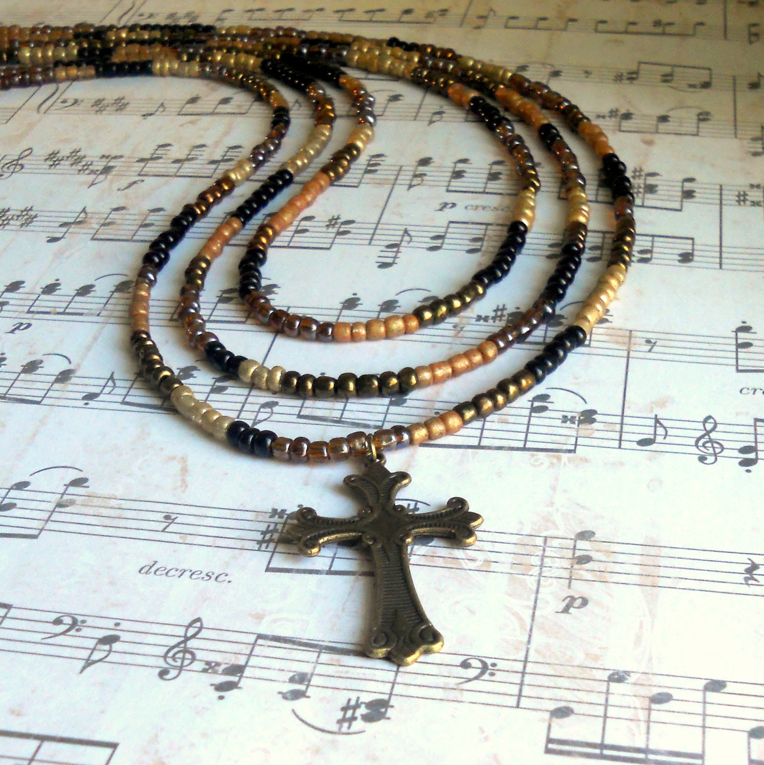 Cross Boho Earth Tones Necklace Three Strand Antique Bronze Brown Black Tortoise Shell Christian Large Pendant Long Beaded Fashion Jewelry