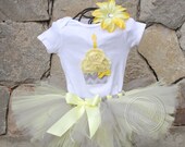 CHIC YELLOW GRAY--Birthday Girl Tutu Skirt and Cupcake Onesie Set with Free Flower Clip, Newborn,1st, 2nd, 3rd, 4th, 5th Birthday