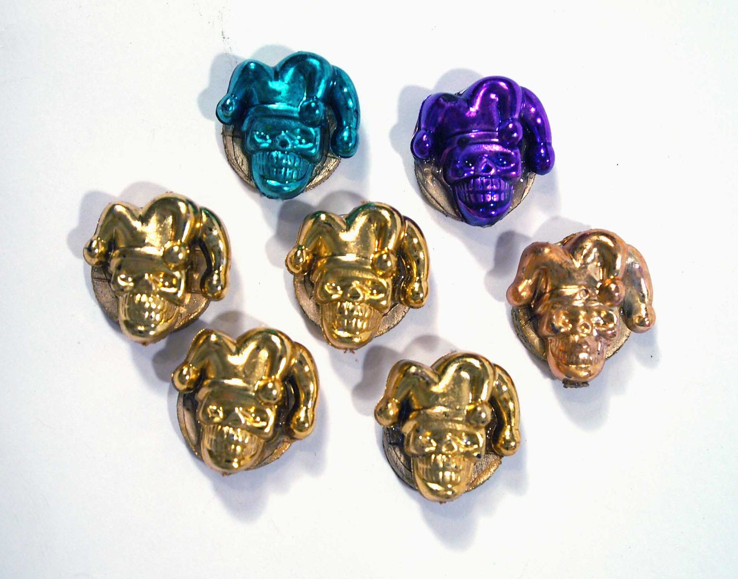 5  Custom Skeleton Mardi Gras Bead Magnets Made from Gold, Purple and Green Mardi Gras Beads - Upcycled