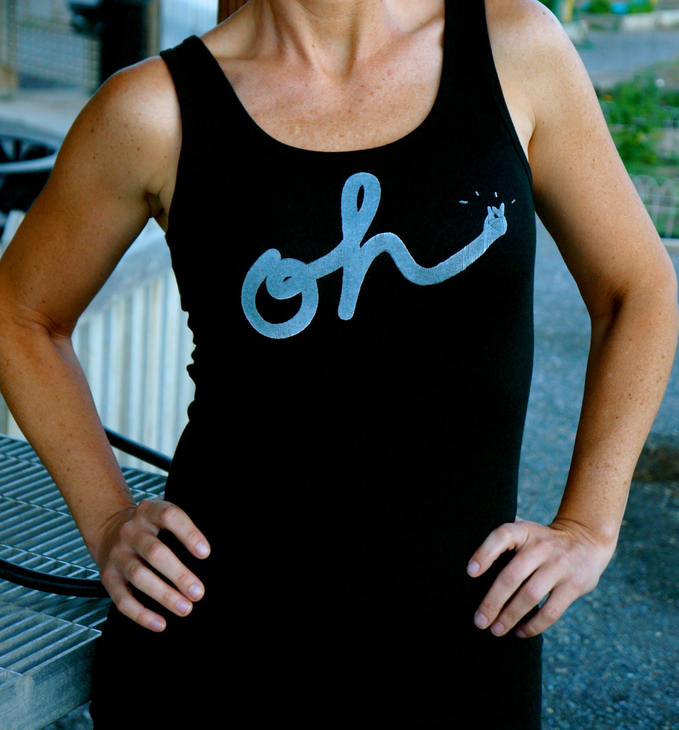Oh snap done in vintage looking silk screen on a black workout tank top with a plain back