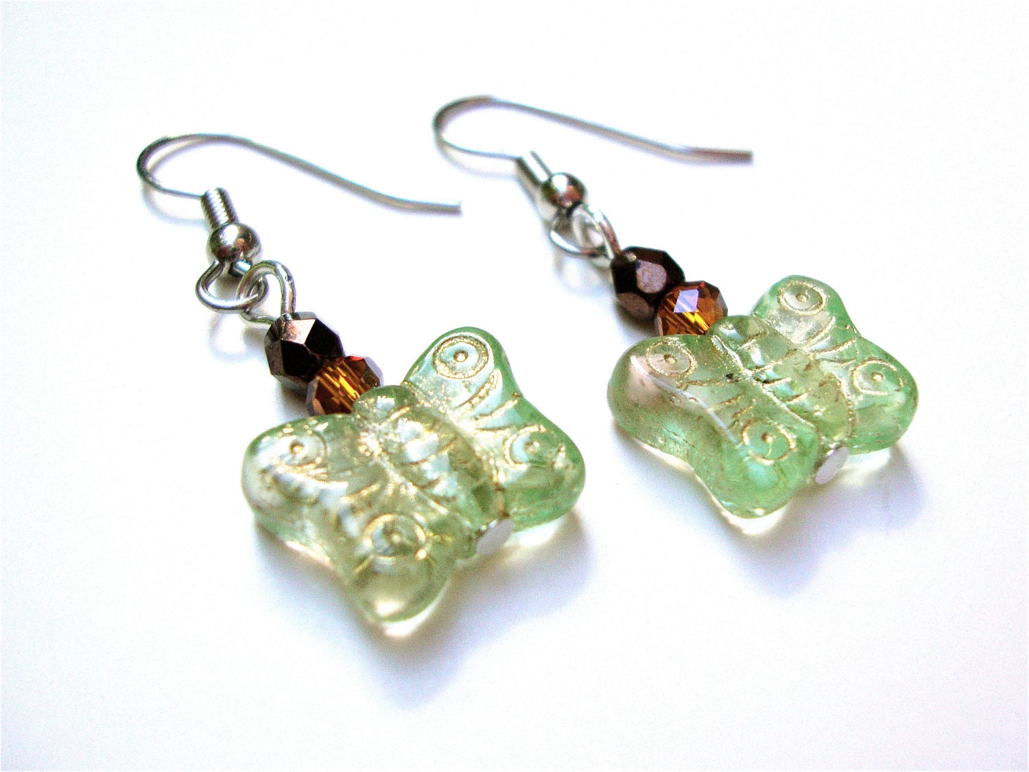 Light green butterfly earrings, sterling silver - summer earrings by Sparkle City Jewelry