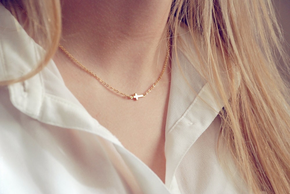 Tiny gold sideways cross Necklace