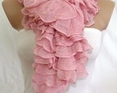 Ruffle Scarf, Frilly Scarf, Knitted Ruffled Scarf (Pink), Christmas,gift by Arzu's Style