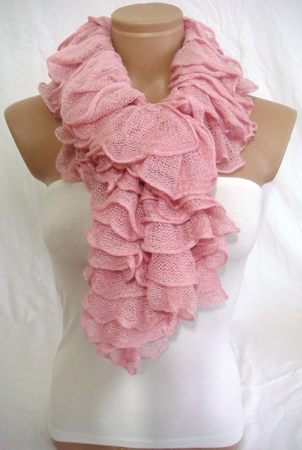 Ruffle Scarf, Frilly Scarf, Knitted Ruffled Scarf (Pink), Christmas,gift by Arzu's Style