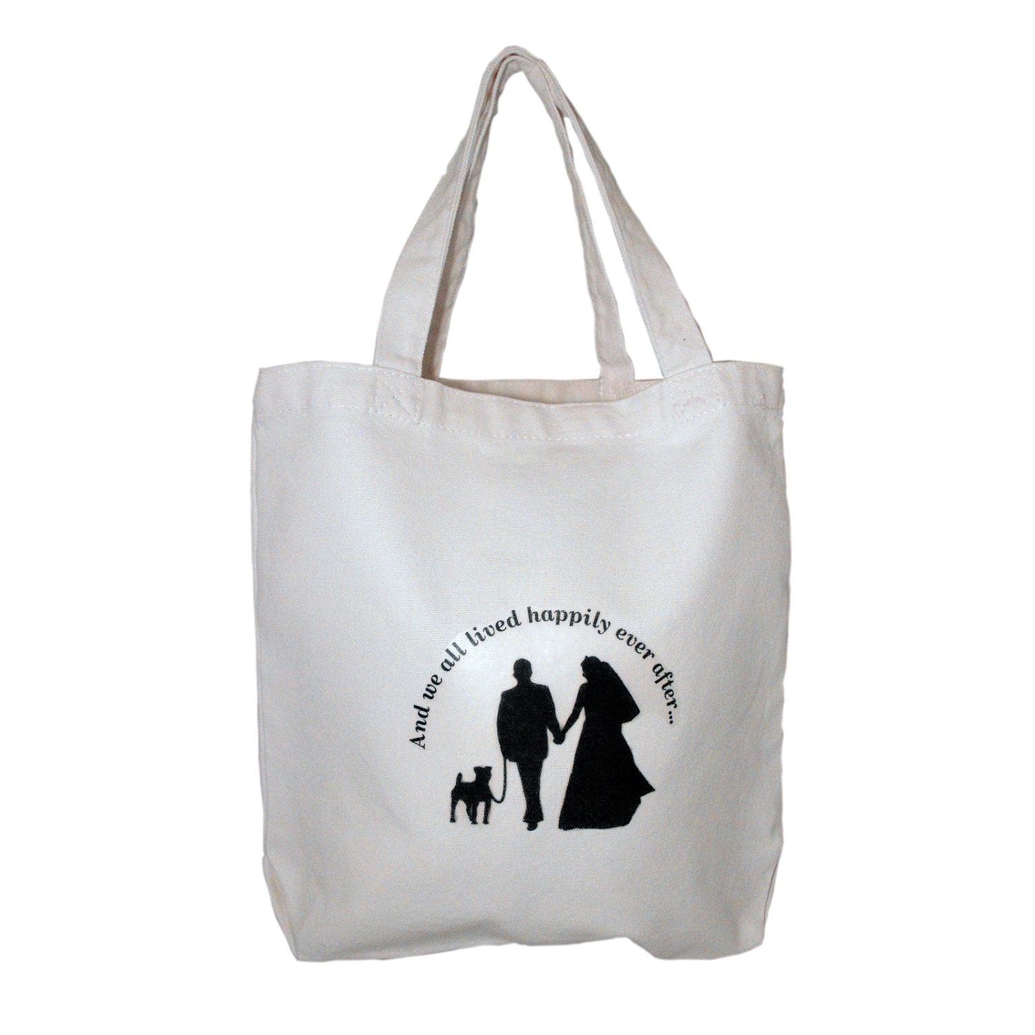 Wedding Canvas Tote Bag with Dog, Bride and Groom Happily Ever After