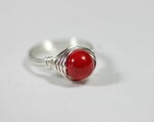 Red Coral Ring Wire Wrapped Jewelry Handmade Sterling Silver Jewelry Handmade Swarovski Pearl Ring Large Red Ring