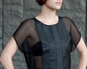 Grunge leather tunic - sheer dark black mesh with faux geometric inserts, simple slouchy fit fashion for teenagers - large