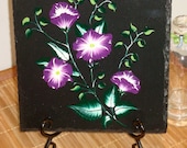 Black Trivet Spoon Rest With Bright Violet and White Flowers