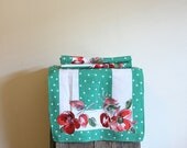 Vintage Linen Runner and Napkin Set - Green and White Polka Dot with Poppies