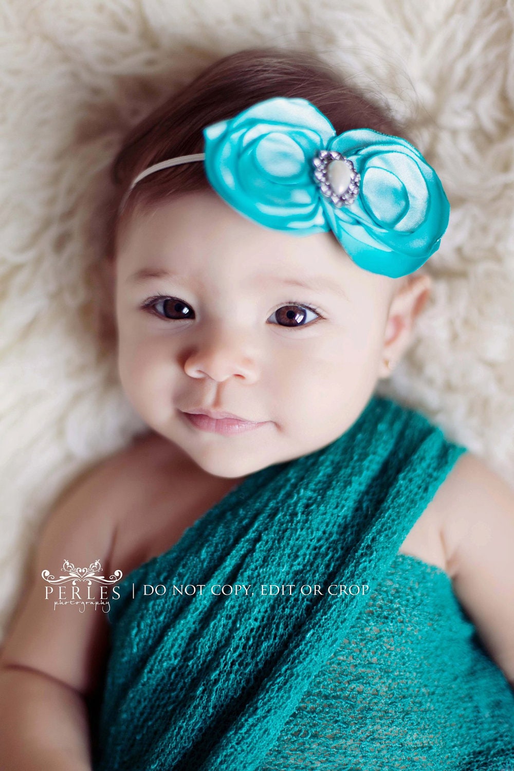 Elegant Flower Duo with Tear Drop Pearl (Teal, Fuschia, Light Pink, Black OR Dark Turquoise) - For Baby or Adult