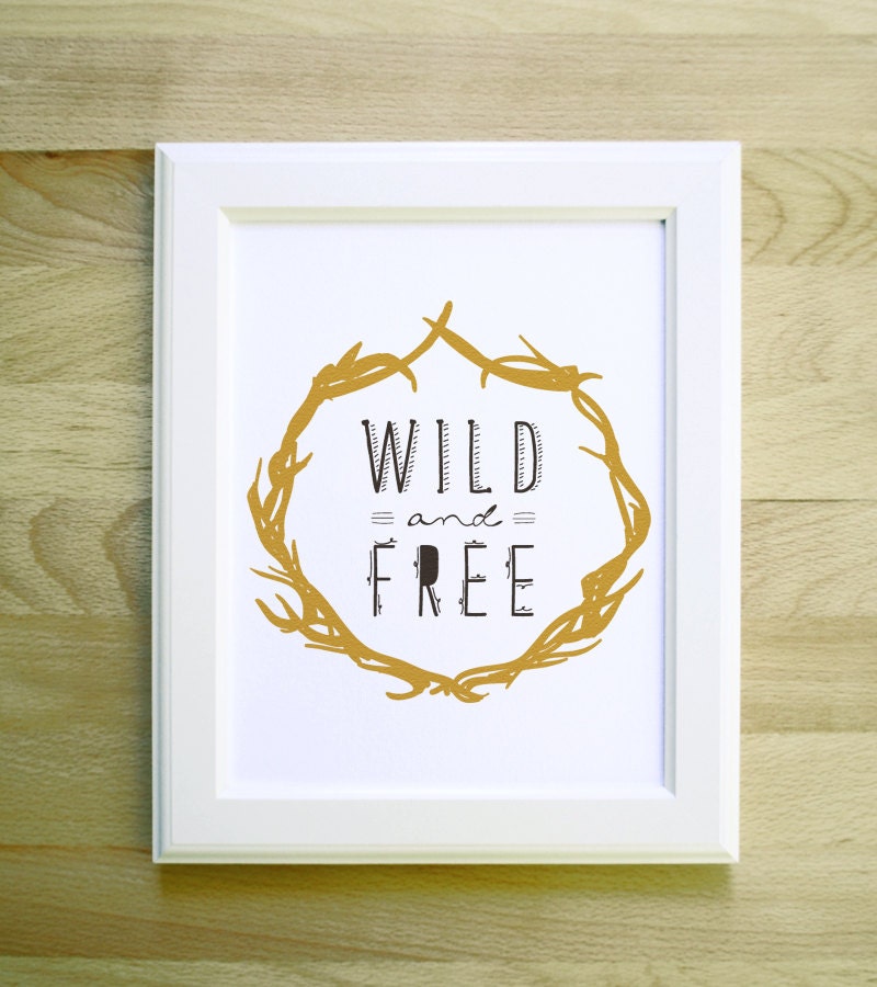 wild and free quote art print 8 x 10 antler wreath and handwritten typography illustration in spring colors with white background