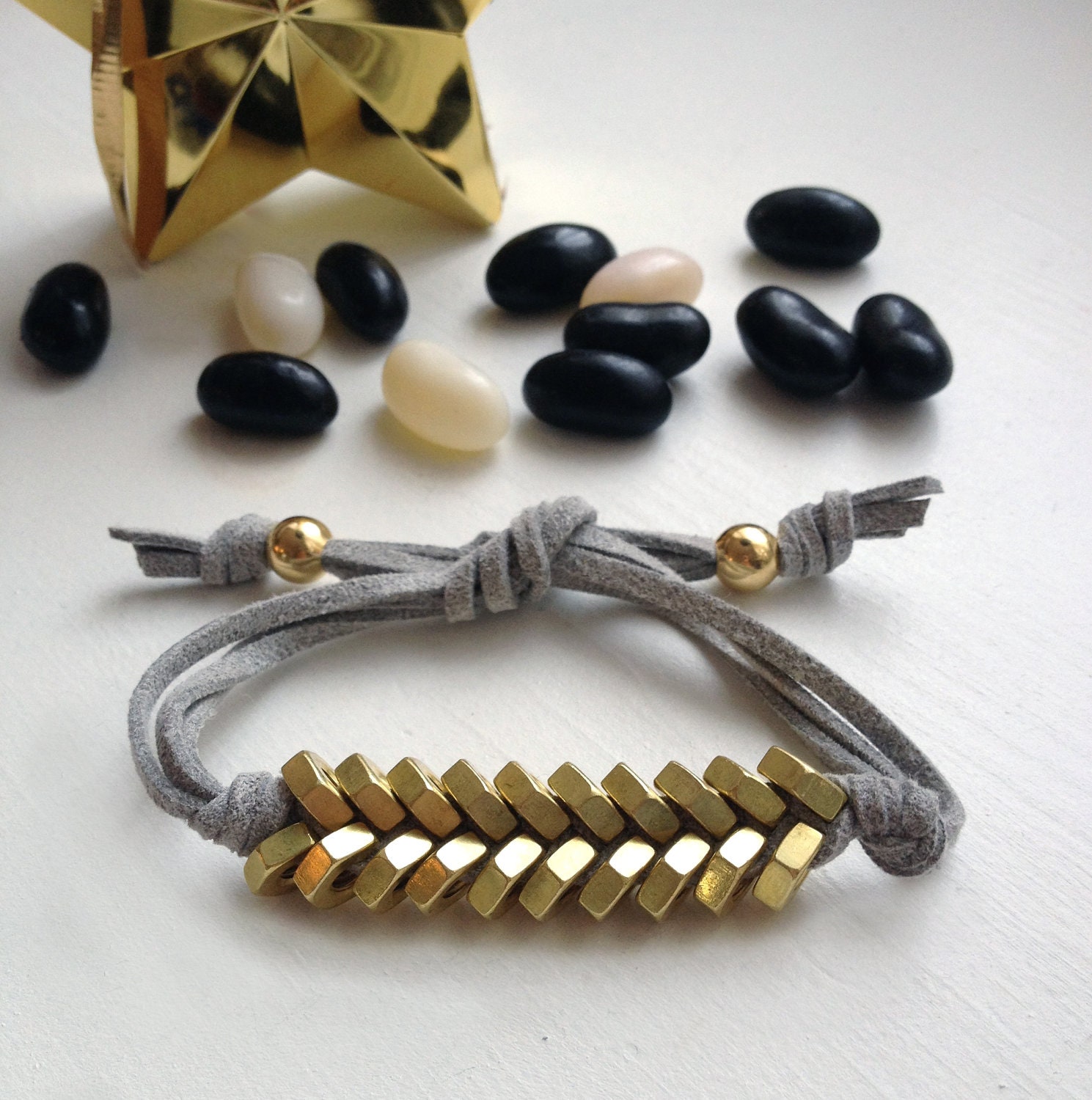 Mini Saul Bracelet - Brass, Hex Nut, Grey Suede, Burgundy or Red Berry, Tie Bracelet