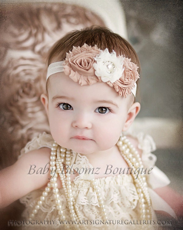 Baby Headband Ivory Beige Vintage Headband Shabby Headband Baby Bows girl Headband Hair bow Flower Headband Newborn Headband