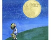 Children's Wall Art Print - Little Girl and the Man in the Moon illustration - customizable hair color