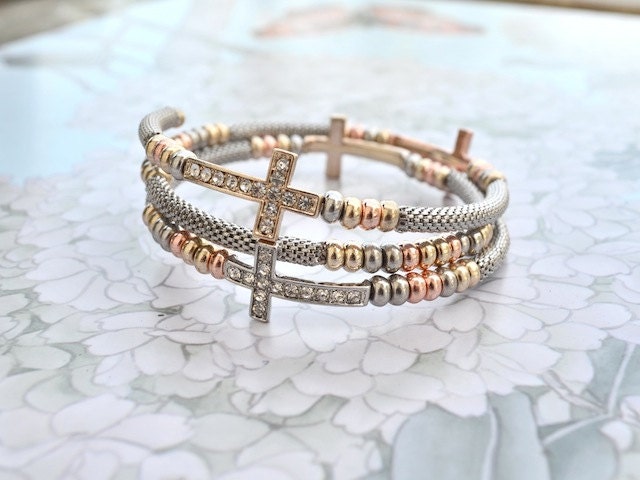 Rhinestone Sideways Cross Bracelet Bangle - Multi Color