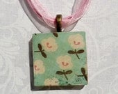 Pale Blue with White Flowers, Wood Tile Necklace