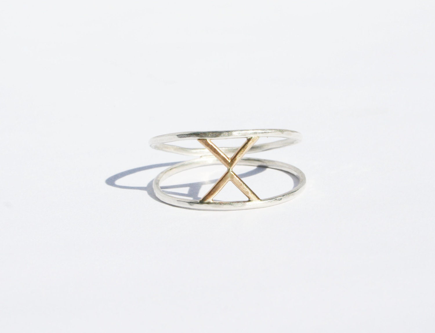 Thin Silver and Gold X Ring, Sterling Silver, 14kt Gold filled, hammered, Wide Ring, Thin Ring, Simple, Everyday Ring