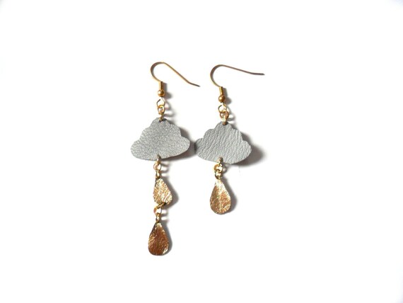 Asymetrical  gold and grey leather cloud earrings