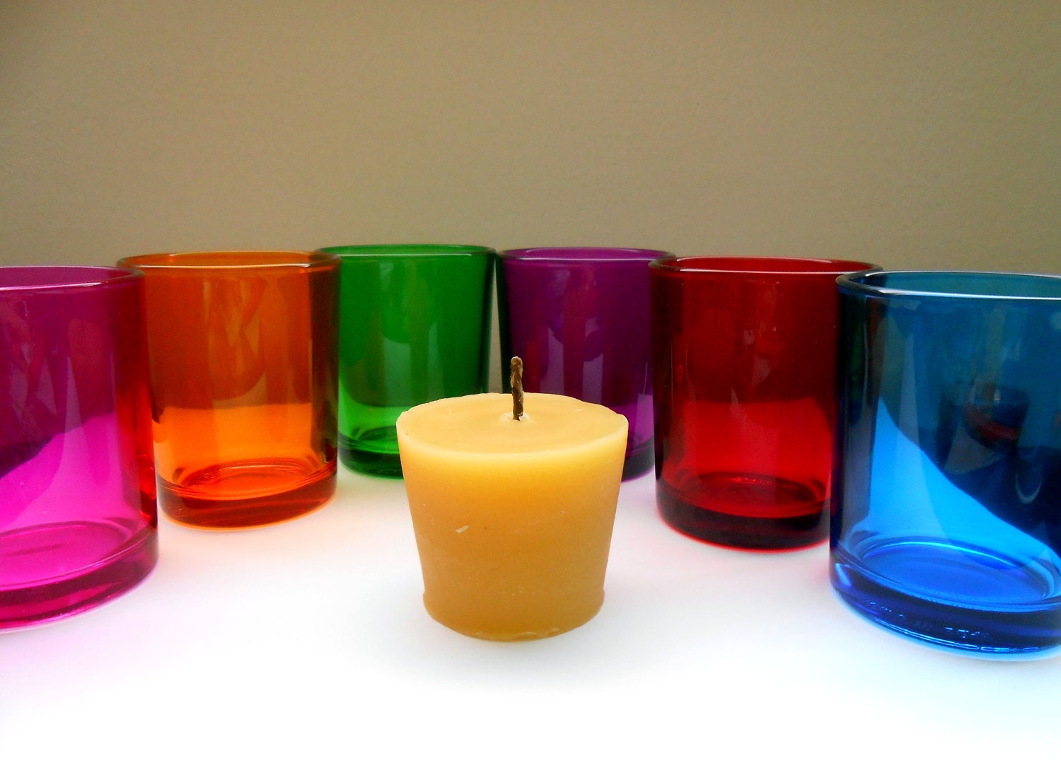 Pure Natural Beeswax Votive Candles with colorful holders