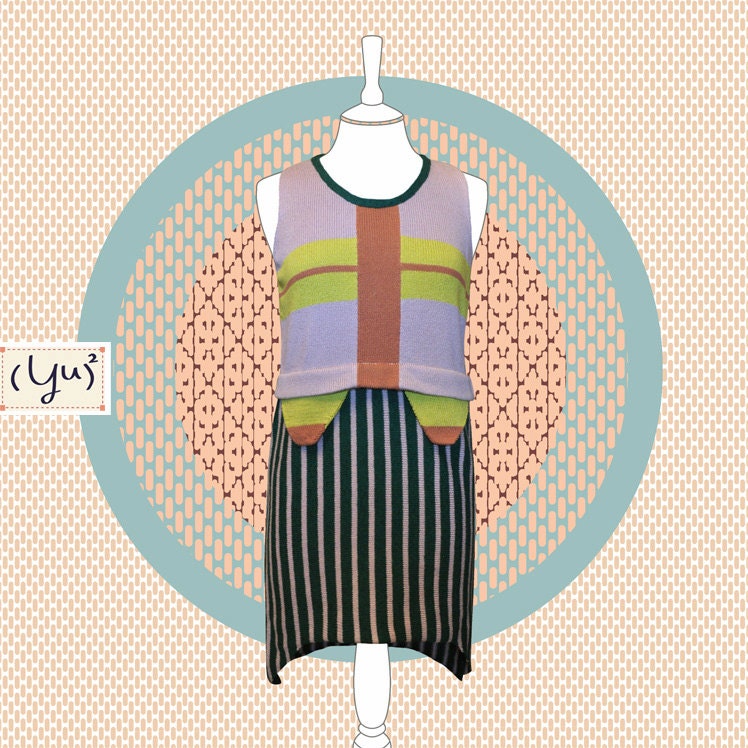 Colourful stripy cropped dress with decorative flaps // Hand machine knit // For her