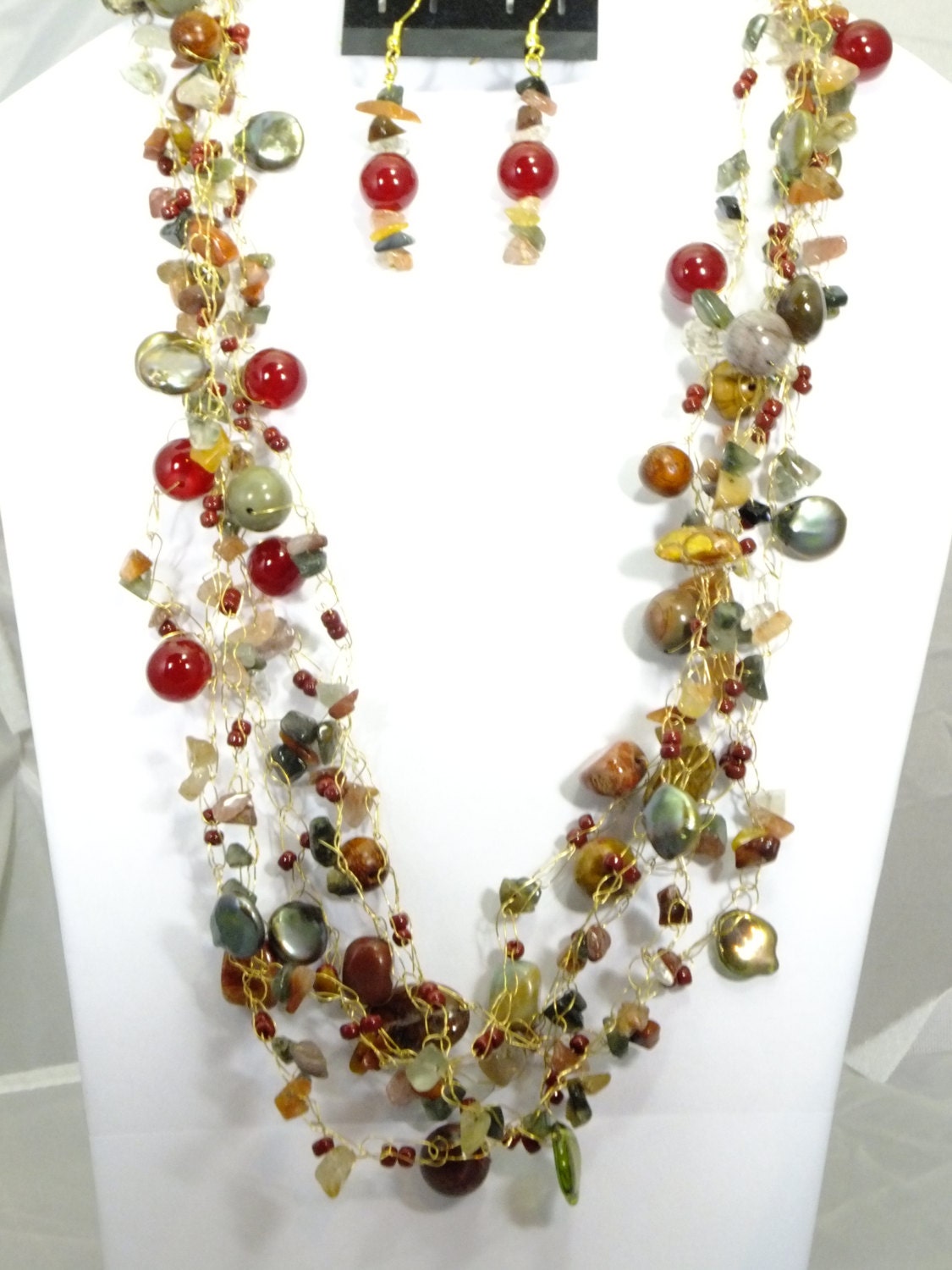 Fruit Cocktail Wire Crochet Beaded Necklace and Pierced Earrings Set
