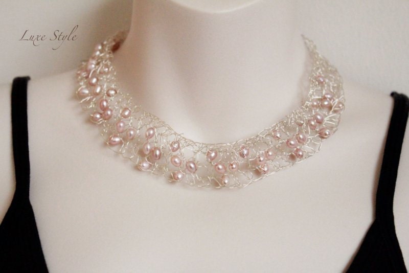 Statement Necklace Bridal Pearl Sterling Silver crochet wire wrapped choker Pink wedding handmade luxe style jewelry