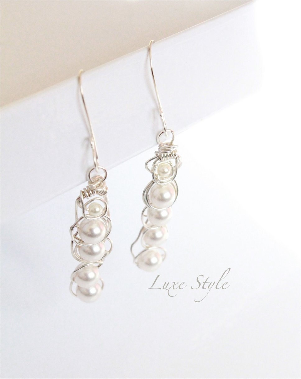 Sterling Silver Earrings Pearl Wire Wrapped Metal Jewelry handmade White bridal wedding Luxe Style Signature series
