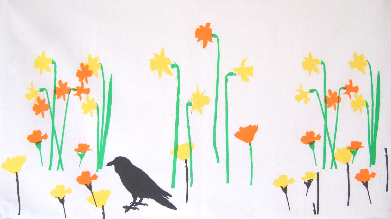 black bird and daffodils screenprint cotton kitchen towel dish cloth-spring colours
