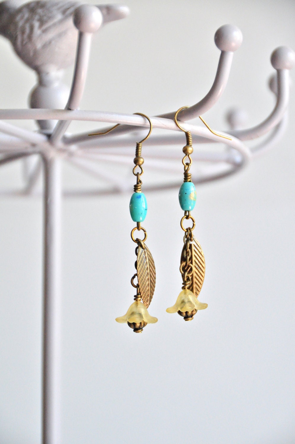 Yellow Flower & Bronze Leaf Dangle Earring - december 2012, turquoise bead, wire-wrapped