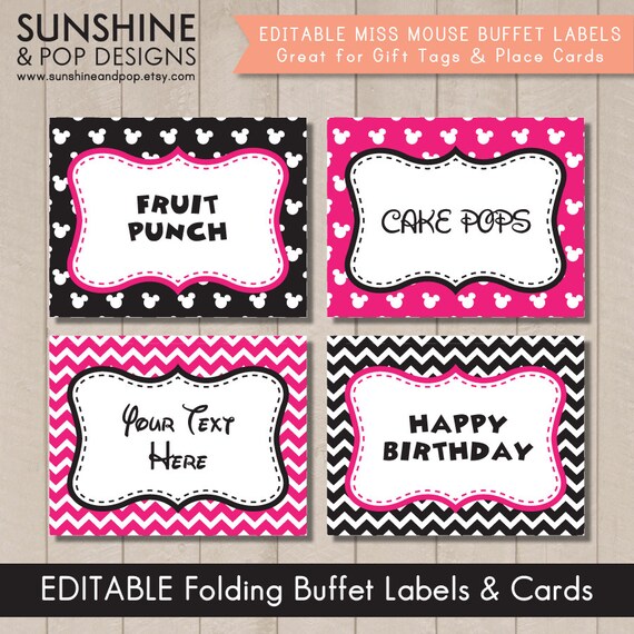 INSTANT DOWNLOAD - EDITABLE Miss Mouse Minnie inspired folding Buffet Label, Food Tag, Place Card - custom Pdf gift tag Il_570xn
