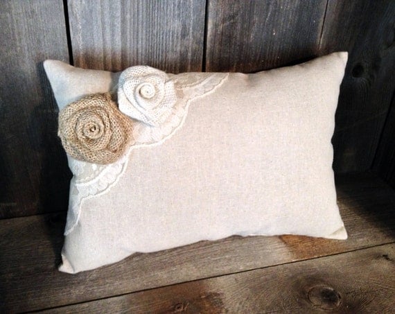 Decorative Linen Pillow with Vintage Ivory Lace & Burlap Rose Embellishments - Cottage Chic - Wedding Gift - Home Decor