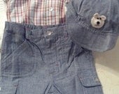 Boys Baby Infant Toddler 3 Piece Set (Hat, Shirt, Pants) - Handmade TeddyBear Face - Blue Plaid - Size 12 months
