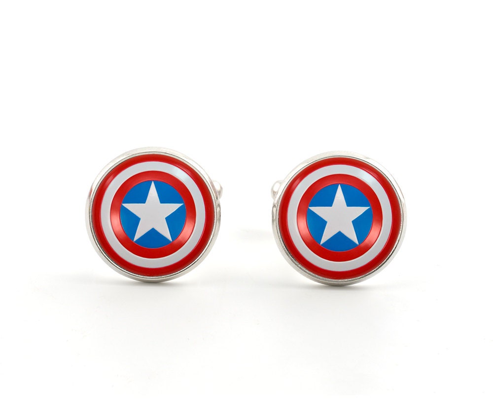 Mens Cufflinks - Accessories for Men - Silver Cufflinks - Captain America Shield - Comic Superhero - Red Blue White Star - Gift Bag Included