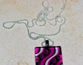 CLEARANCE Bright Bold  Black and Pink Abstract square glass tile pendant necklace silver plated dainty chain