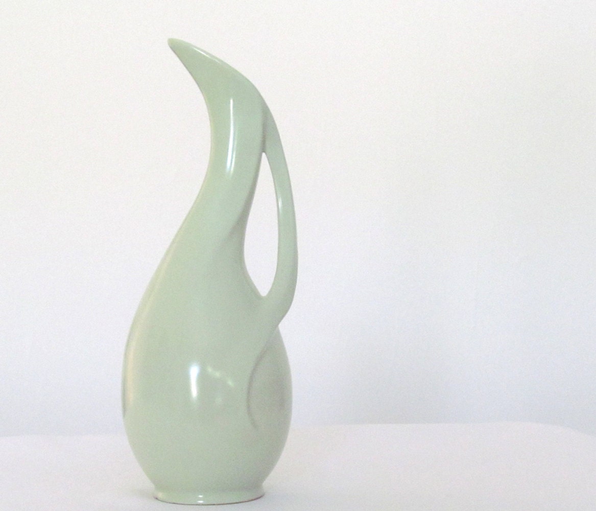 Ceramic West German Vase, swan like art deco movement, curved handle, mint green color, 23.5 cm/9.3 in H