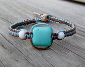 Light blue and brown Eco friendly hemp bracelet with glass beads