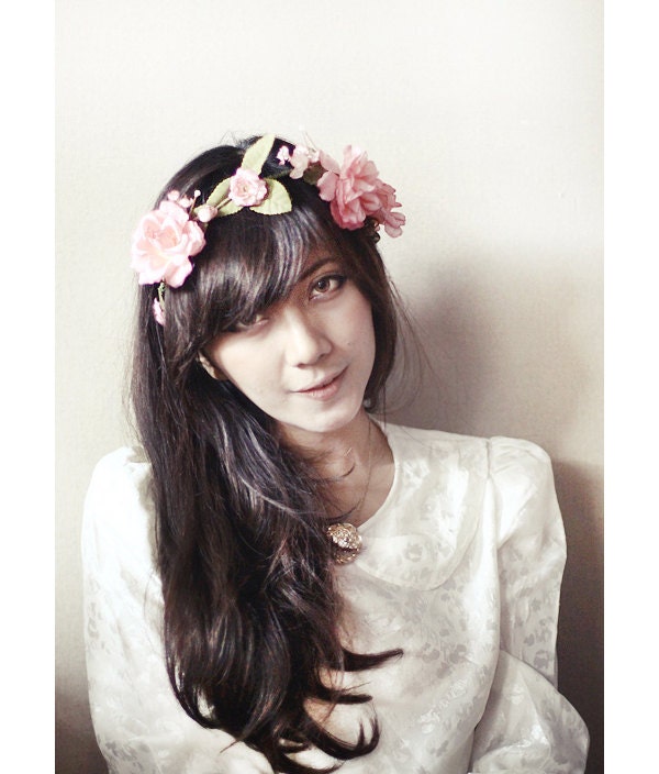 Ivybelle - Pink Roses Flower Crown / Floral Haircrown / Hairpiece - Wedding, Engagement, Nature Inspired, Fairy, Romantic, Vintage Style