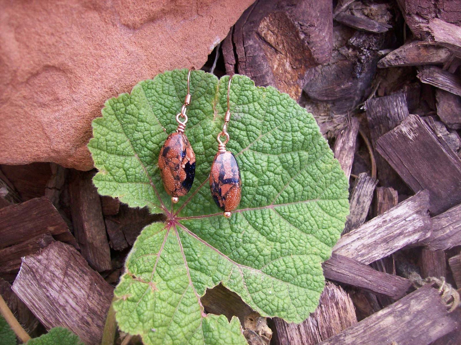 Polished Sapphire Glass Goldstone Copper Wire Dangle Earrings - Gift - Women - Gold and Black Sparkling Jewelry OOAK