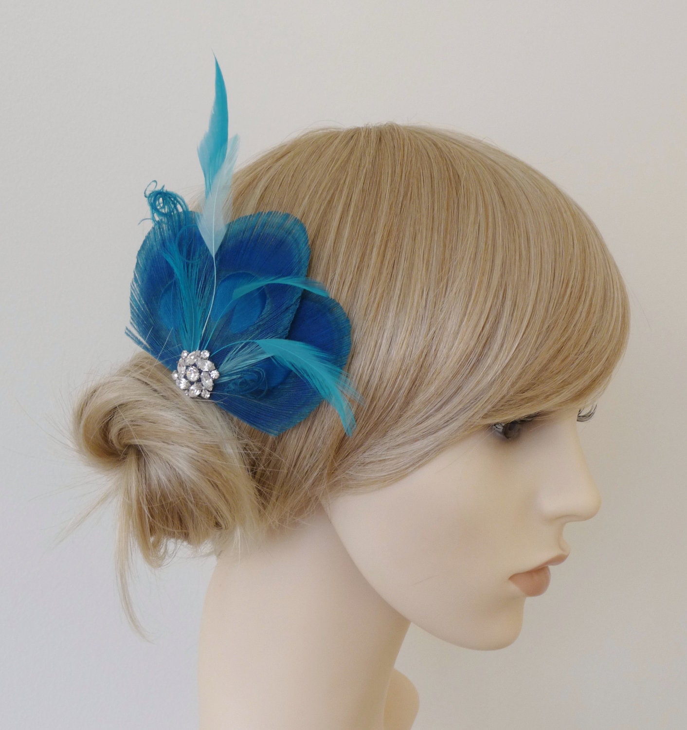 Turquoise Blue Peacock Feather Hair Clip Crystal Fascinator Wedding Bridal Bridesmaid Hair Accessory 'Lizbeth''
