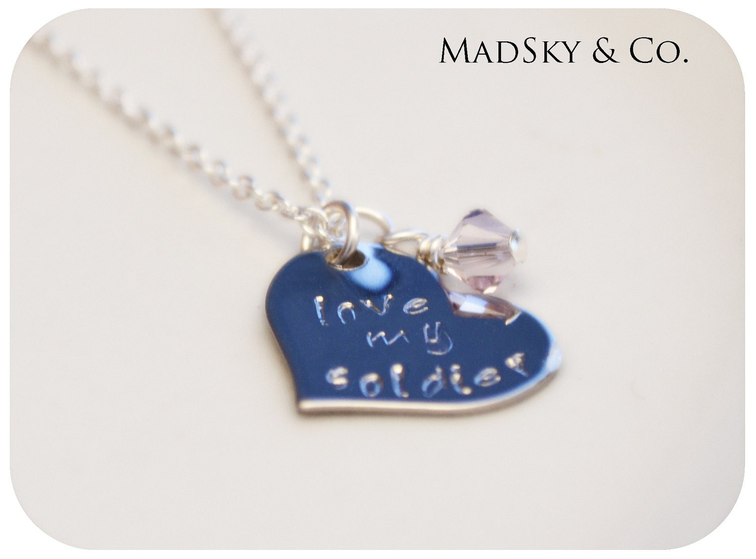 Personalized Charm Necklace - Hand Stamped Silver Heart with Birthstone - Love My Soldier, Marine, Airman, Pilot, Sailor - Gift For Her