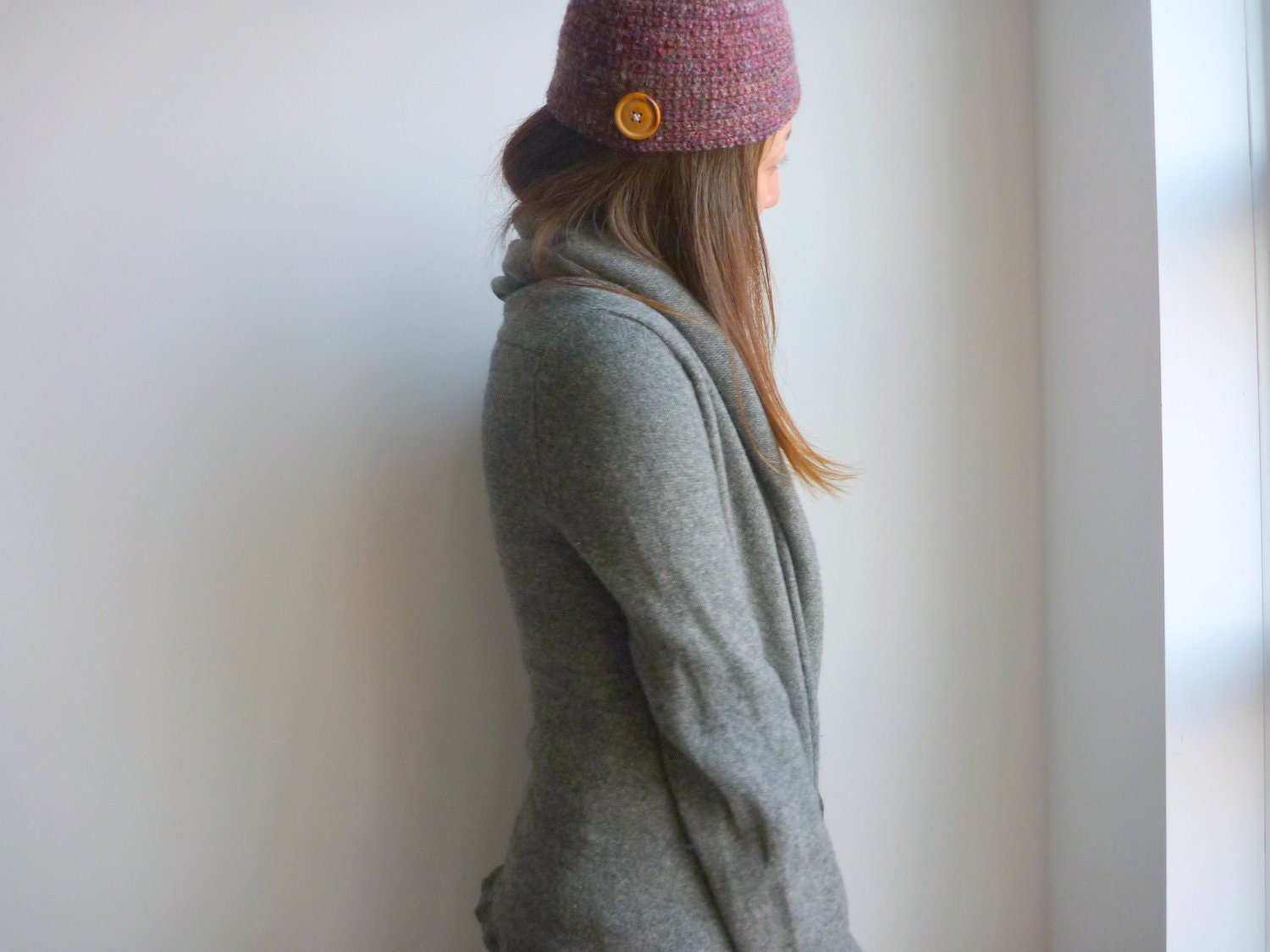 Women handmade knit hat with button Burgundy knit hat / Wool, Mohair / Casual, plain, simple soft, cozy knit hat for winter gift for her
