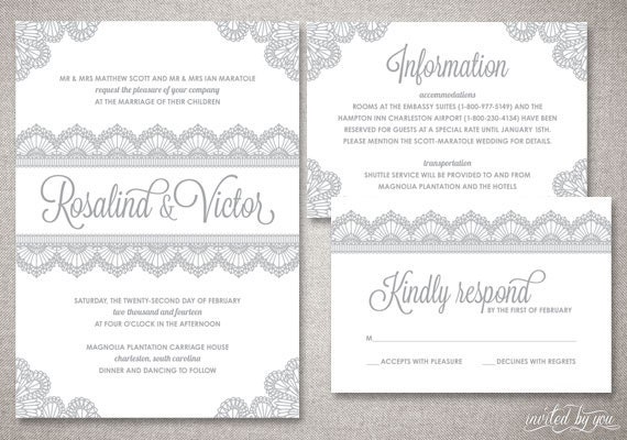 Lace "Rosalind" Wedding Invitation Suite - Romantic Vintage Elegant Deco Invite - Custom DIY Digital Printable or Printed Invitations