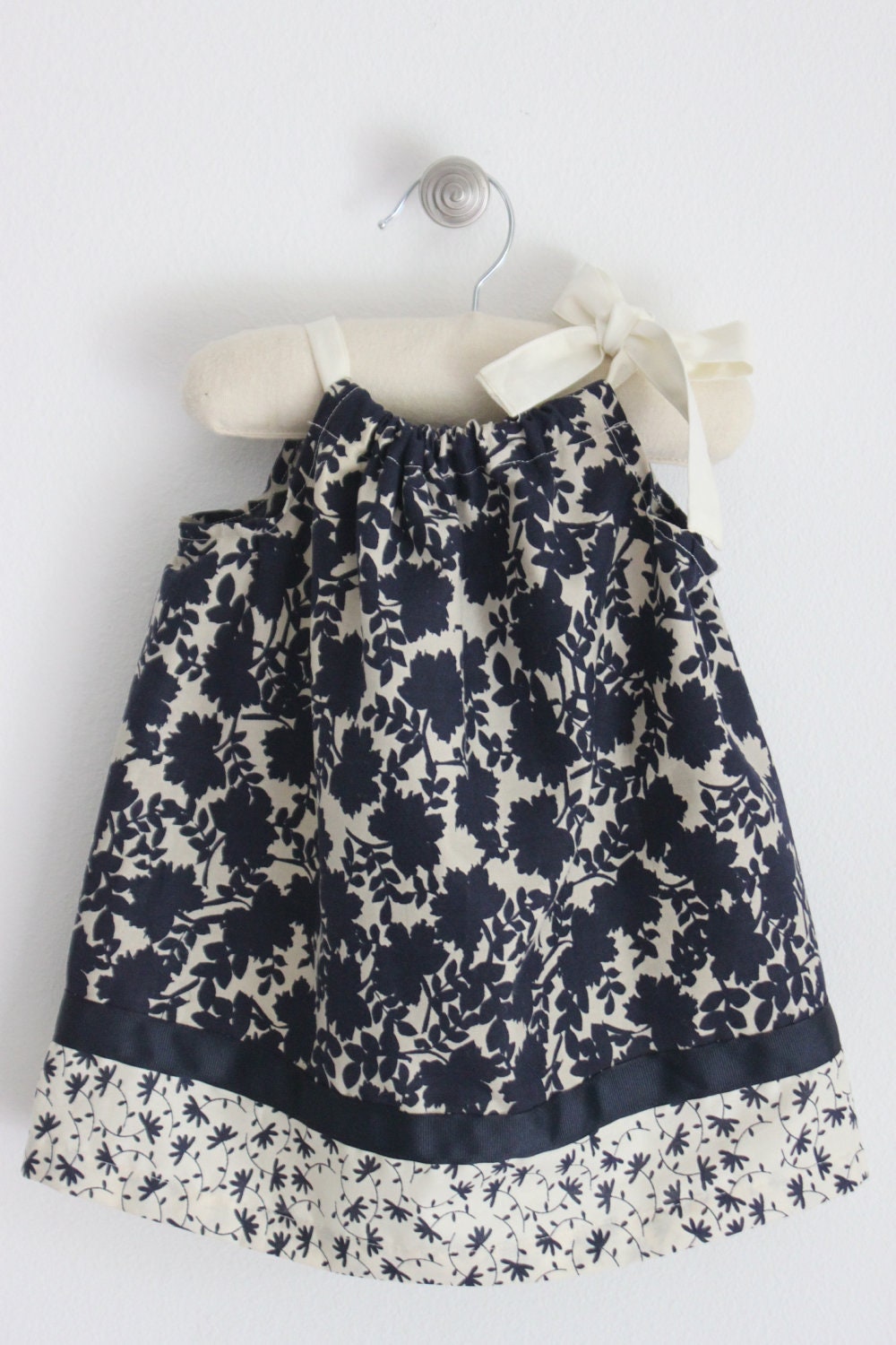 Girls dress, Navy blue and tan floral pillowcase dress with shoulder tie, handmade childrens clothing