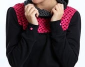 Sweet cute black Hoodie Pullover with pink hearts for women - Handmade Long Sleeved Sweatshirt - Size XS-XL