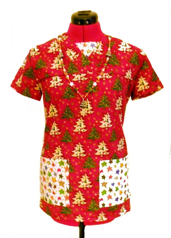 New Handmade Custom Christmas holiday Nurse Vet scrub nursing scrubs shirt top Women's Small