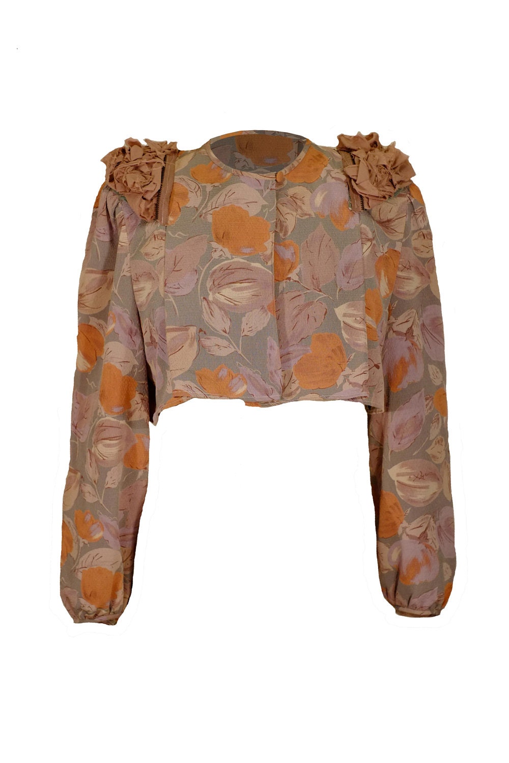 Cropped Jacket Vintage autumn leaves print with scrunched petal epaulettes