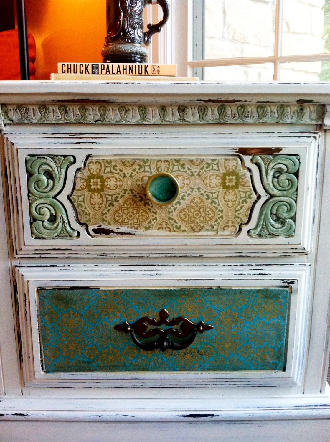 Items similar to SOLD End Table White, Sea Foam Green and Ocean Blue