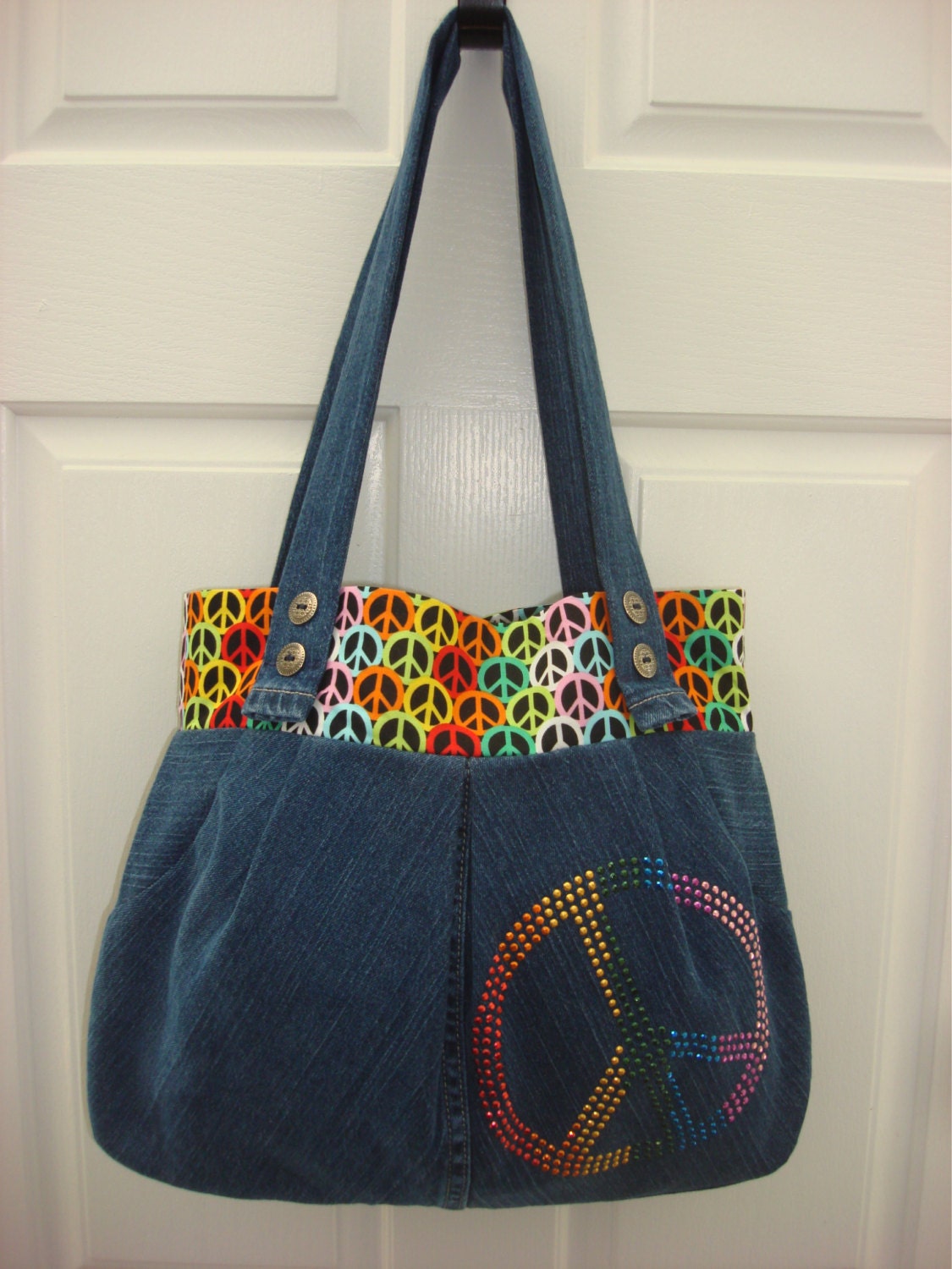 70's Style Peace Sign Denim Bag with Rainbow Lining